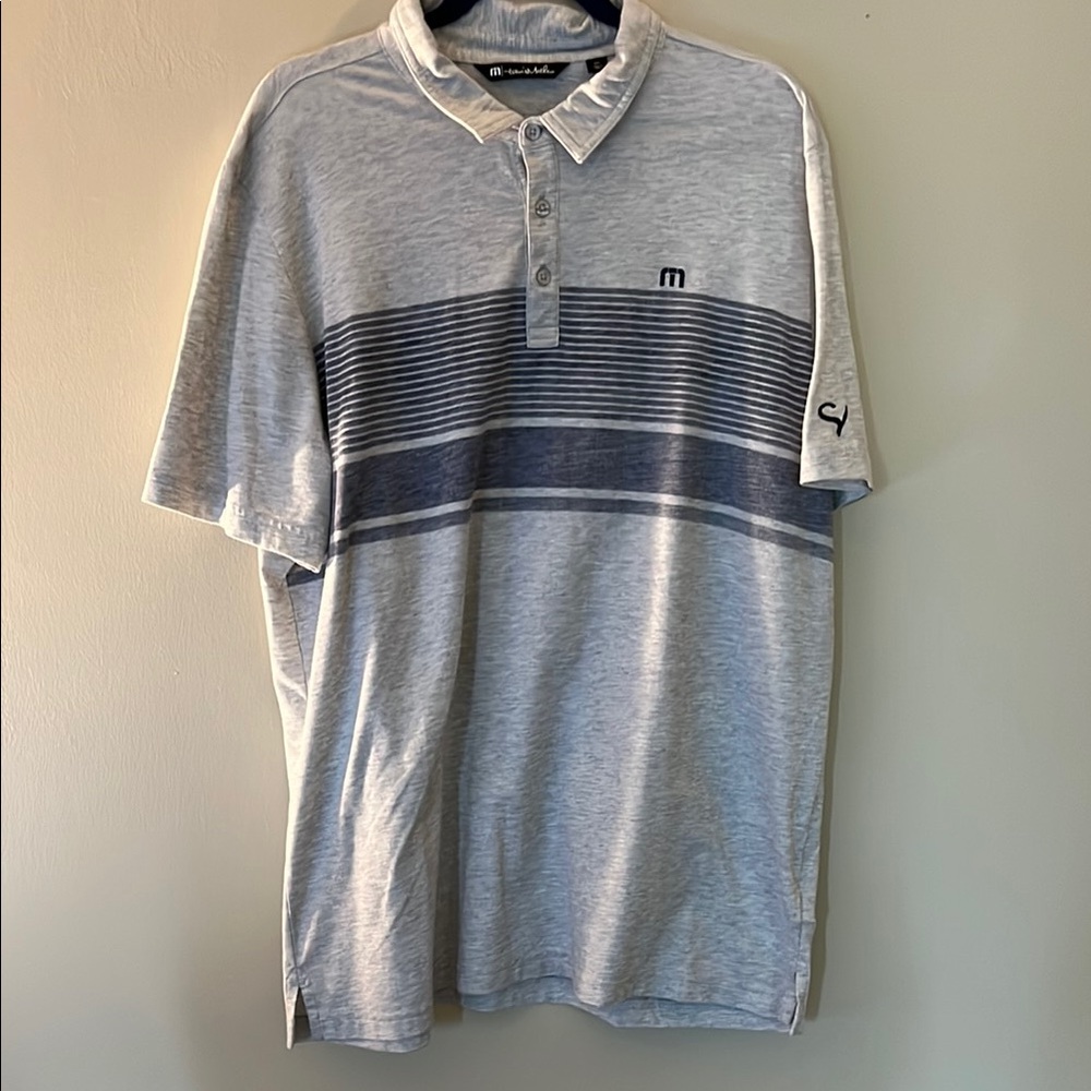 Travis Mathew Heather Gray Polo with Navy Stripes